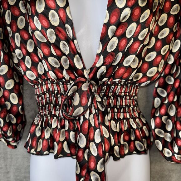 Wet Seal Retro Satin Blouse M Red Black Circle Print Smocked Waist Tie Top Y2K - Picture 2 of 9